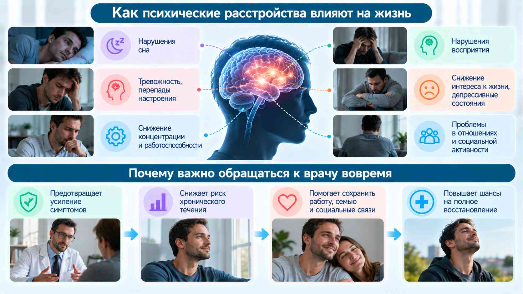 Инфографика о психических расстройствах: нарушения сна, тревожность, снижение концентрации, изменения настроения, трудности в отношениях и преимущества своевременного обращения к врачу.